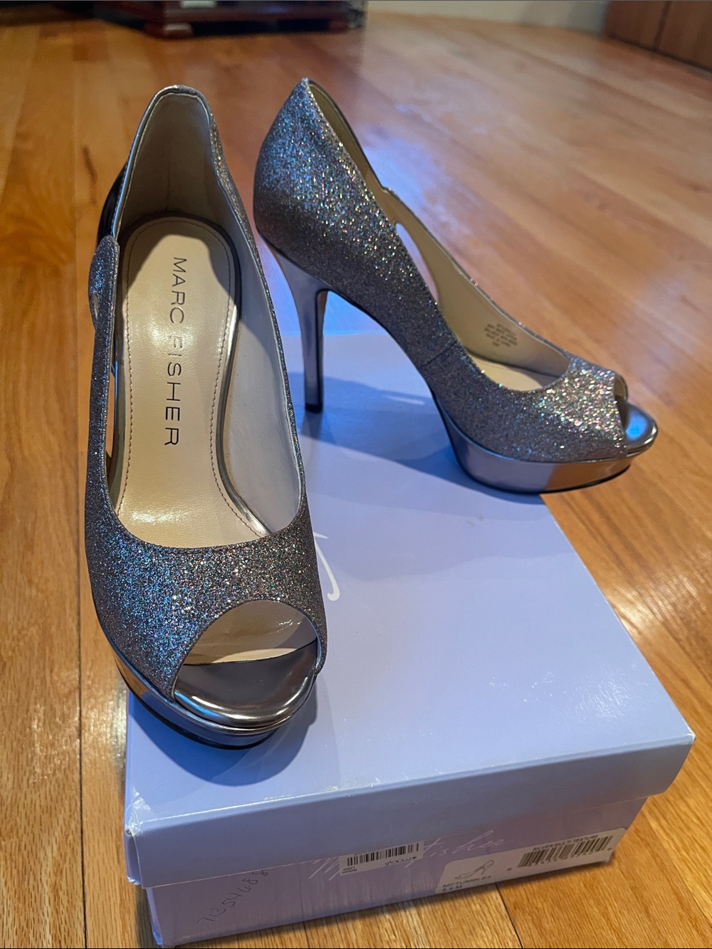 Marc Fisher Sz 5.5 Glitter Peep-Toe Platform Heels